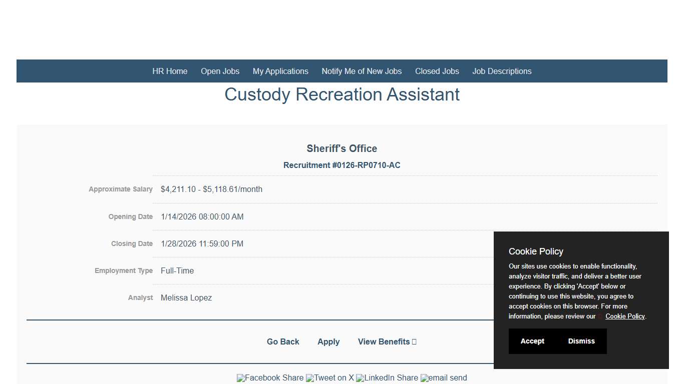 Announcement: Custody Recreation Assistant - San Joaquin County