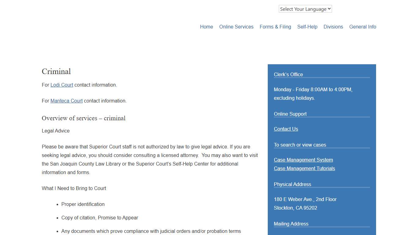 Criminal – Superior Court of CA – County of San Joaquin